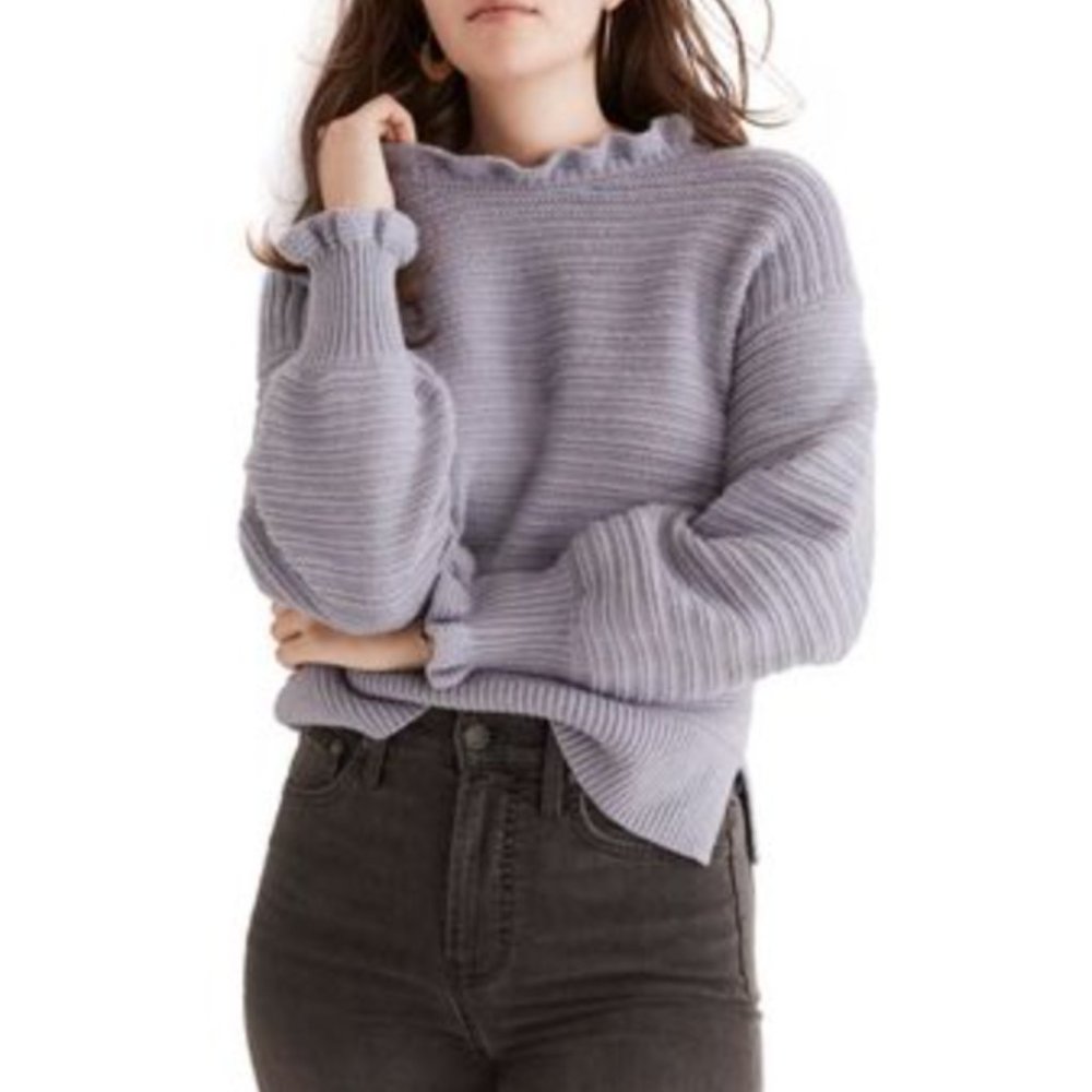 Madewell Ruffle-Neck Pullover Sweater in Cotton-Merino Yarn - Periwinkle, L
